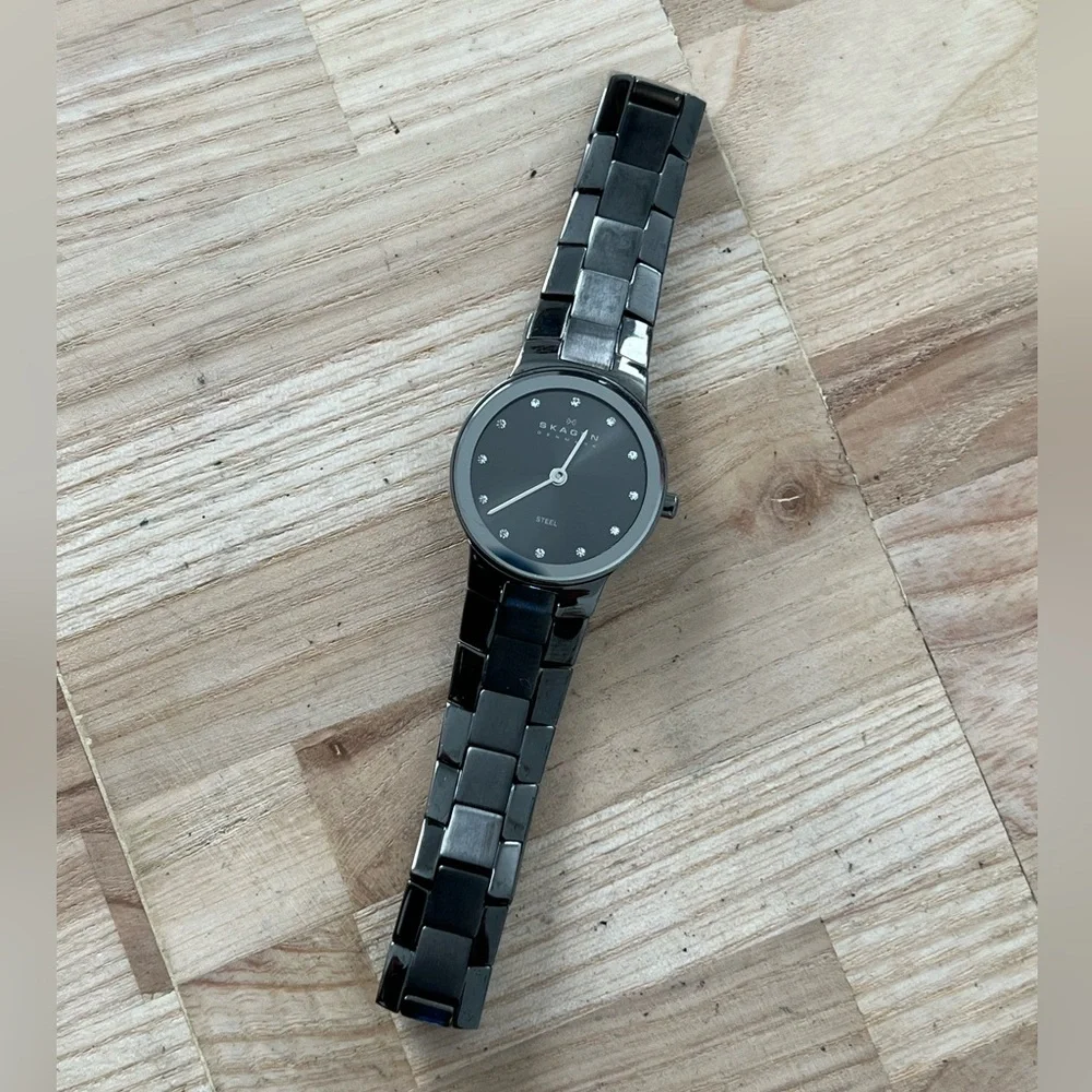 Skagen Steel Ladies Watch Black Dial Crystal Markers Black Stainless Bracelet